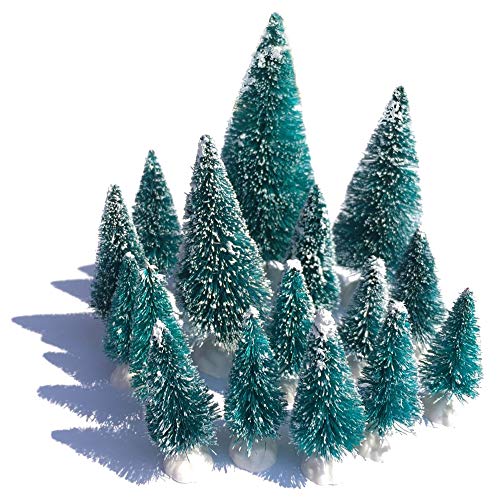 Mini Snow Globe Christmas Trees Tabletop Fake Bottle Brush Pine Trees Decor Craft Xmas Village Flocked Trees Party Decoration DIY Accessories Up to 4-7/8’’ Bluish Green16PCS with White Plastic Base