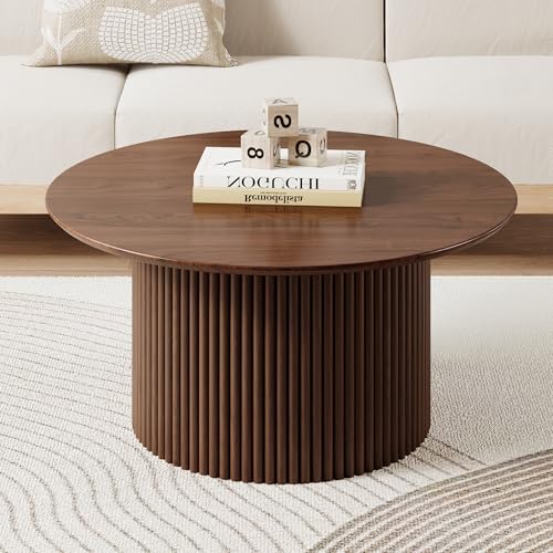 Image of 31.5 inch Round Coffee Table, Modern Fluted Accent Center Table with Metal Frame, Wooden Circle Coffee Tables for Living Room Small Space or Office (Walnut)