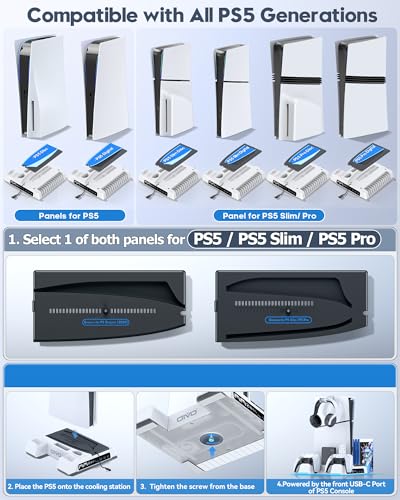 Image of OIVO PS5 /Slim /Pro Stand and Cooling Station with LED Controller Charging Station for PlayStation 5 Console, Controller Charger, Cooling Stand, PS5 /Slim /Pro Accessories Kit with 3 Level Cooler Fan