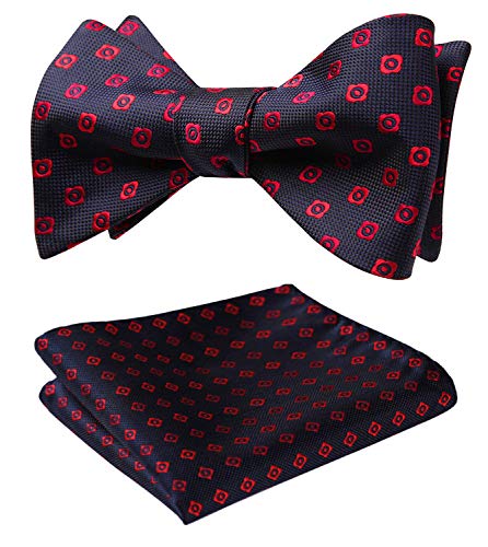HISDERN Men's Floral Jacquard Wedding Party Self Bow Tie Pocket Square Set Red/Blue