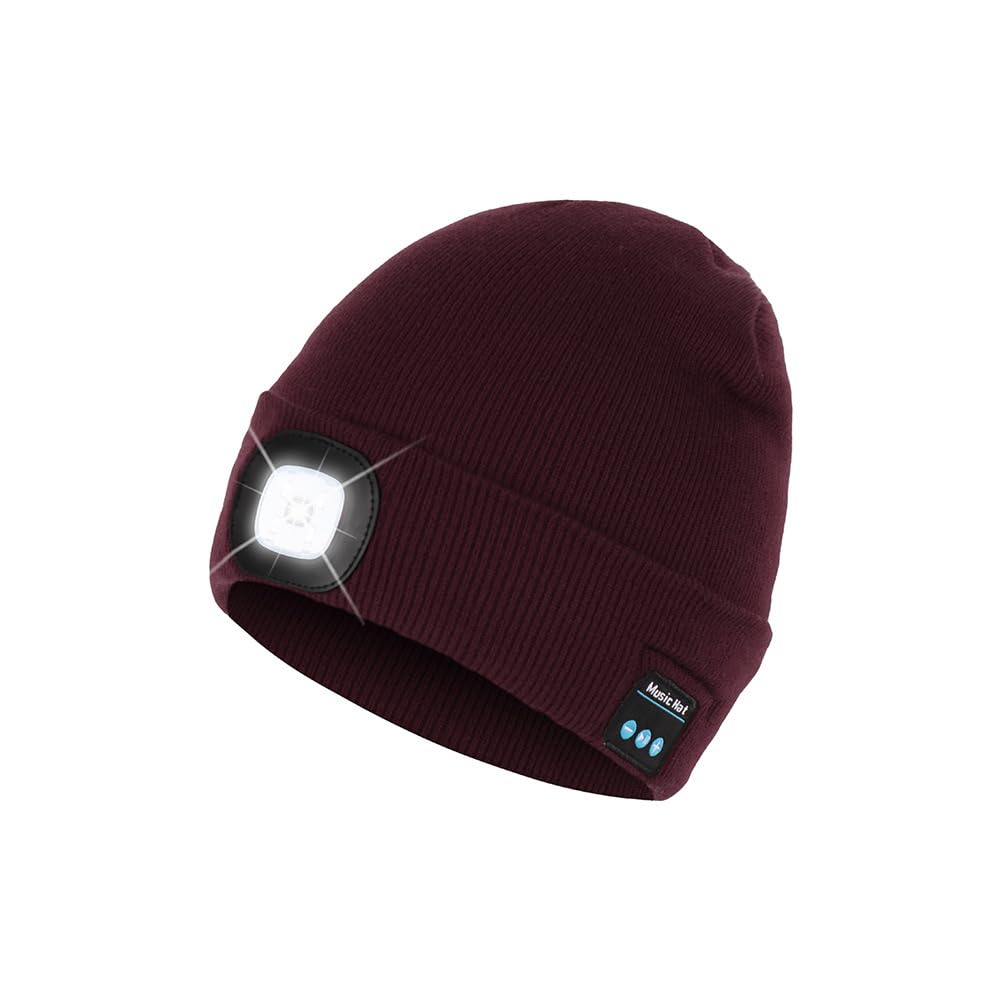 Bluetooth Beanie Hat with Light, Headlamp Cap with Headphones and Built-in Speaker Mic, Gifts for Men Women Teen, Purple Red, One size