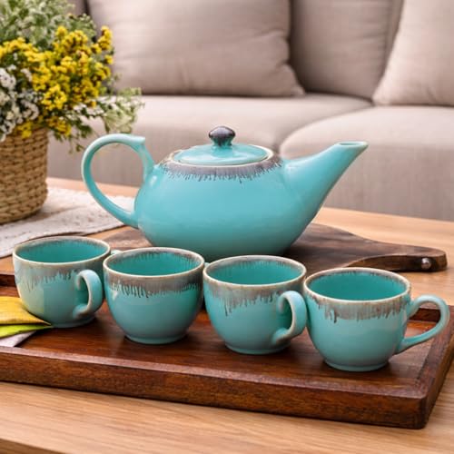 Praahi Lifestyle Tea Cup Set with Kettle |Ceramic Tea Set Premium Handcrafted | Glazed Turquoise Finish| 4 Cups (150ml), 1 Kettle (1000ml) Microwave Safe| Best for Gifting | Ramadan Gift