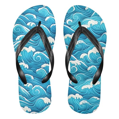 Sinestour Blue Ocean Wave Flip Flops for Beach Thong Sandals Anti-slip Lightweight Flat Slippers for Summer Travel Swim