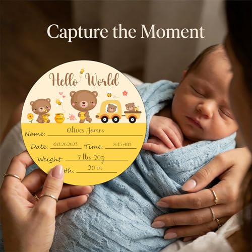 Image of Birth Announcement Sign Baby Name Nursery Decor Hello World | Round Wood Plaque with Bear Design, Custom Name Date Weight Length Great for Nursery Wall Baby Shower Gifts