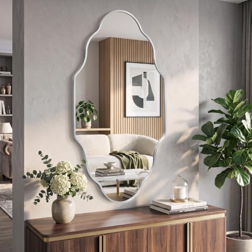 Image of Scalloped Silver Bathroom Mirror, Irregular Wall Decorative Mirror | Brushed Metal Frame, HD Glass Decorative Mirror for Wall Decor, Vanity Mirror for Living Room Entryway (26 inch x 46 inch, 2 Pack)