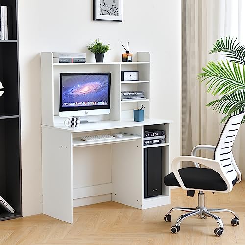 ROCKPOINT Axess White Computer Desk with Hutch, Keyboard Tray and Bookshelf for Home Office Bedroom, Homework and School Studying Writing Desk for Student with PC Stand, Laptop Desk