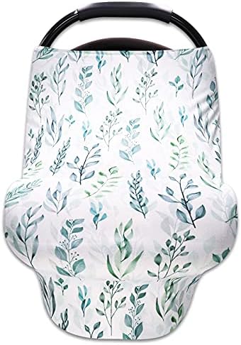 DILIMI Baby Car Seat Cover Green Leaf, Breastfeeding Cover Soft Breathable Infant Carseat Canopy Multifunctional Cover for Stroller/High Chair/Shopping Cart/Car Seat Canopies