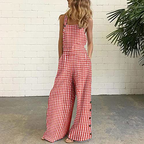 Red Womens Loose Fit Bib Pants Pants Unitard for Ladies Faux Linen Casual Overall Plaid with Slit Flare Bell Bottom Plain Long Bootcut Leg Fall Summer Pants 2025 L2