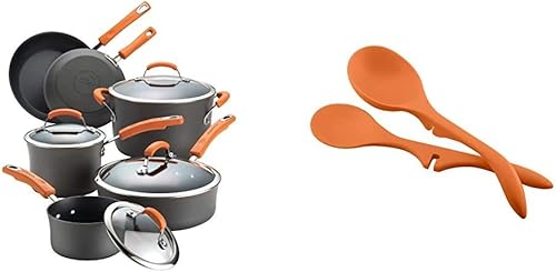 Rachael Ray - Juego de utensilios de cocina antiadherentes de aluminio anodizado con tapas de cristal, juego de ollas y sartenes de 10 piezas y