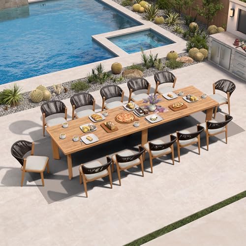 Image of PURPLE LEAF Large Outdoor Dining Set for 12 with HPL Table and Chairs Teak