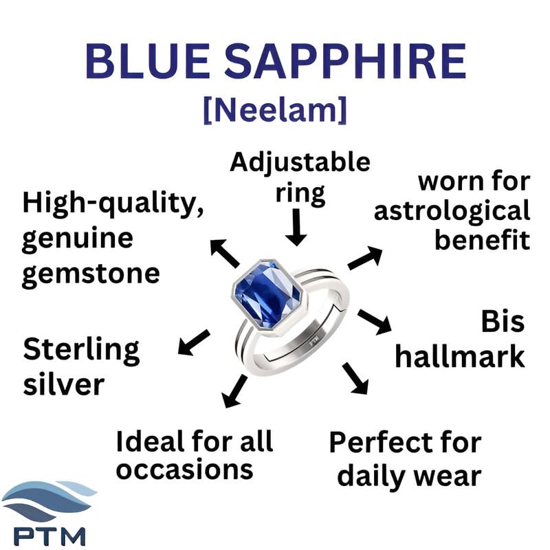 Image of PTM Natural Blue Sapphire /Neelam 3.25 Ratti to 10.25 Ratti or 3 Carat to 9.5 Carat Astrological Certified Gemstone /Square Shape Sterling Silver /bis Hallmark Adjustable Ring for Men & Women