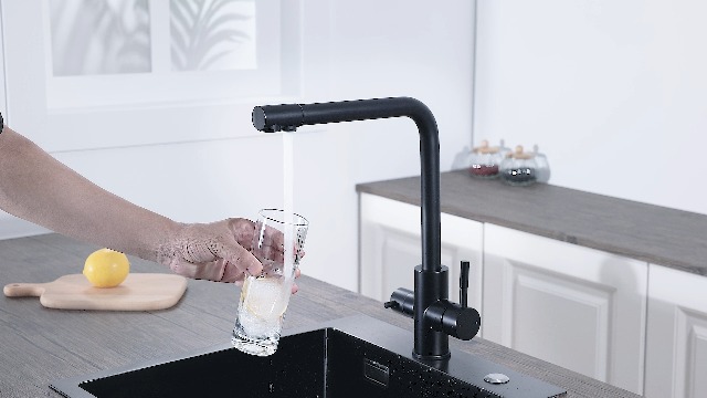 Sofetiy 3-weg keukenkraan zwart, keukenkraan met 2 hendels mengkraan keuken met warm en koud water en gezuiverd water, wastafelarmatuur roestvrij staal 360° draaibaar