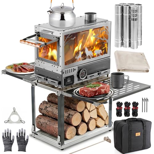Tent Stove Hot Tent Stove Wood Stove Wood Burning Stove, Stainless Steel Portable Camping Stove with Oven & Base and 6 Chimney Pipe for Outdoor, Camping, Cooking, Tents, Car Travel