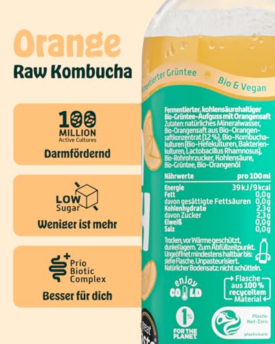 KOMBUCHERY® Orange Raw Kombucha BIO | 12 x 400ml | Fermentierter Tee mit aktiven Darm-Kulturen | Zuckerarm & Kalorienarm | Unpasteurisiert, Probiotisch, Vegan, Testsieger | inkl. 3€ PFAND