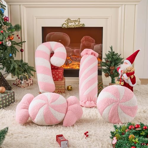 Image of Lanpn Christmas Candy Pillows Set of 4, Christmas Decoration Winter Throw Pillows Soft Fleece Cute Long Lumbar Candy Cane Bow Lollipop Peppermint Cushion for Sofa Bedroom Xmas Decor (Pink)