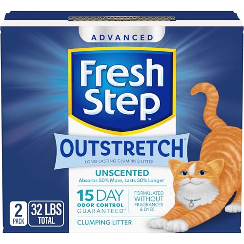 Fresh Step Outstretch Advanced Long Lasting Clumping Litter Simply Unscented, Activated Charcoal Litter Lasts 50% Longer, 32 lbs. (2 x 16 lb. Box)