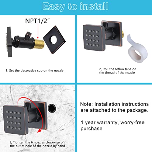 6 Pcs Solid Brass Shower Jets Body Sprayer With On/Off Switch 2-Inch Square Shower Body Sprays Oil Rubbed Bronze Massage Nozzle Wall Side Jets, Flow Can Be Controlled, Showerhead Can Swivel #TOP4