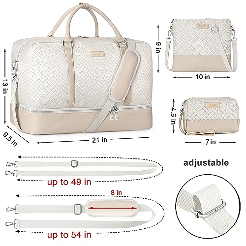 Image of Weekender Bags for Women with Shoe Compartment 3Pcs Overnight Bag 21 inch Travel Duffel Bag Carry on Tote with Trolley Sleeve for Men Travel /Business /Gift, A6-Polyester-Beige, Large