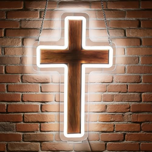 Jesus Cross LED Neon Sign Light Up Jesus Cross Lights Lighted Christian Neon Signs with Base for Church Wedding Bedroom Dorm Garage Bar Prayer Room Wall Decor Desktop Counter Art or Gifts