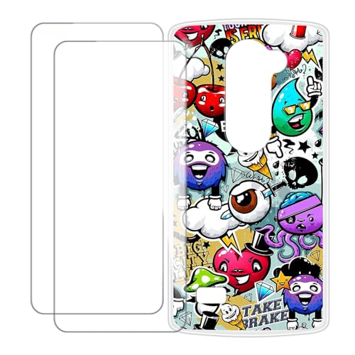 UOGNADGD Compatible with LG Leon LTE Case Colorful Custom Cover with 2 Pack Tempered Glass Screen Protectors - Shockproof Scratch-Resistant (Graffiti)