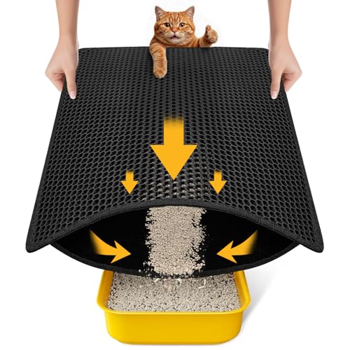 Cat Litter Mat Compact Size 23.6'x14.6' for Small Spaces, Upgrade Waterproof Leakproof Back Layer, Honeycomb Trapping Mat, Washable, Easy to Clean, Scatter Control Kitty Litter Matt, Black
