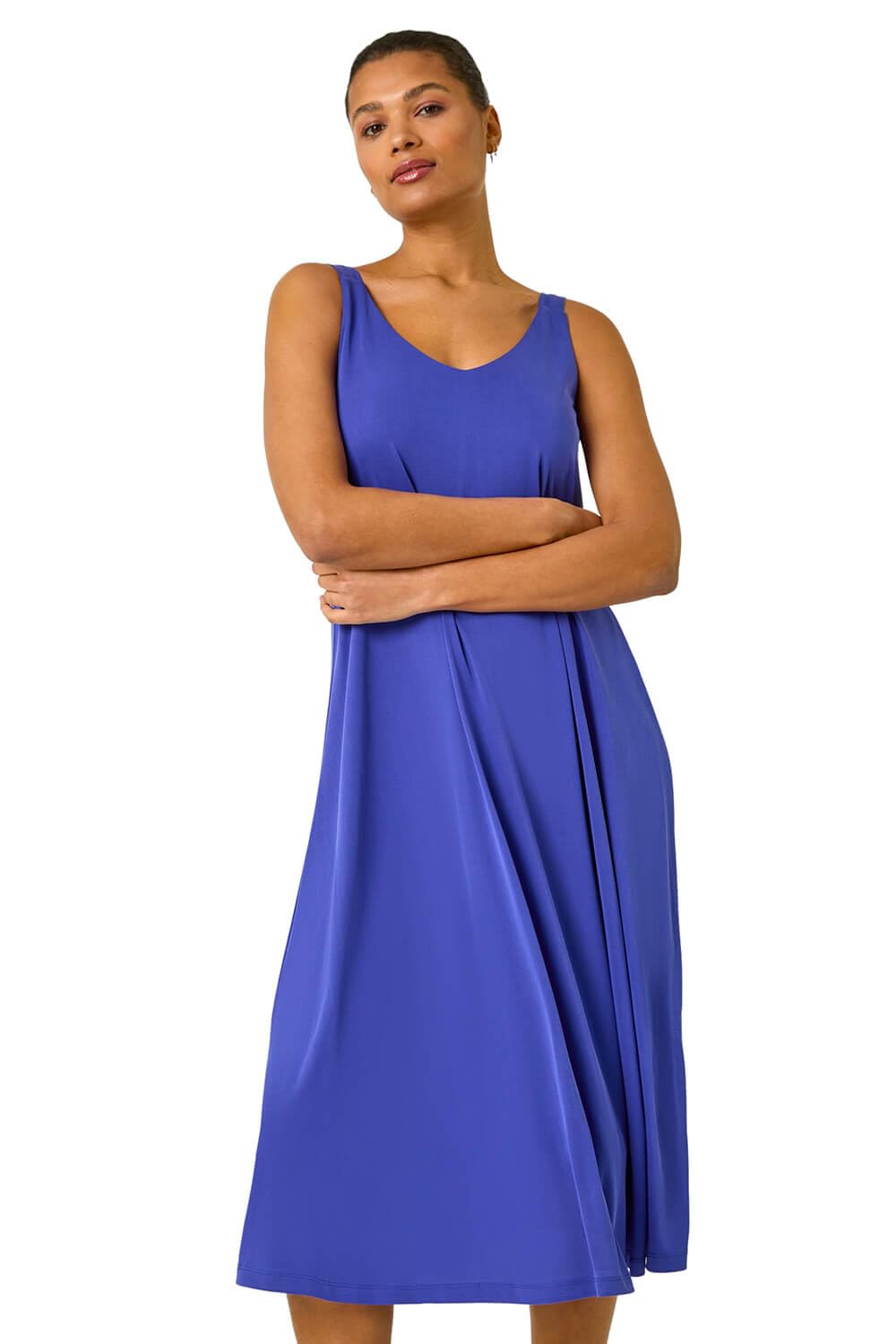 Roman Originals Women's Blue Strappy Jersey Midi Dress For Uk - Everyday Holiday Spring Summer Round Neckline Comfy Soft Evening Vacation Work Party - Size 20