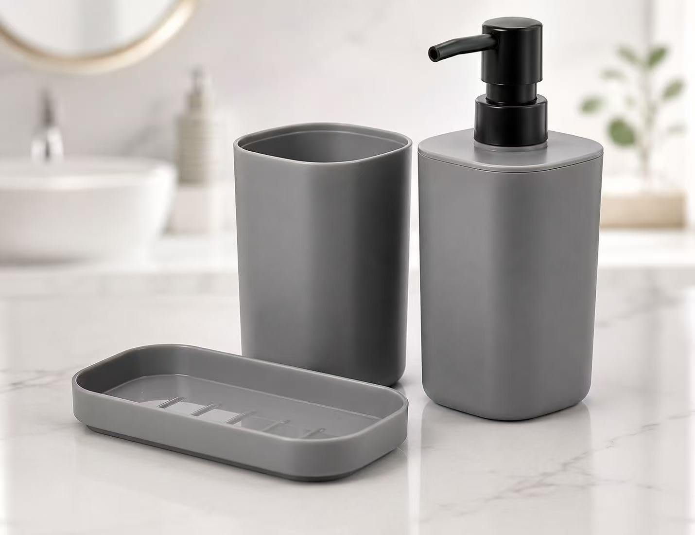 Set de Accesorios de Baño 3 Piezas Gris, Dispensador de Jabón, Portacepillos de Dientes y Jabonera, Organizador para Lavabo, Diseño Moderno