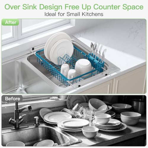 Image of JASIWAY Blue Dish Drying Rack Over the Sink with Utensil Holder