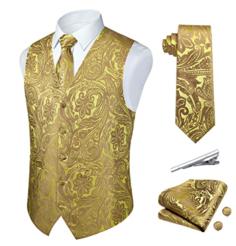 Rithern Men's Waistcoat Gold Paisley Floral Waistcoat Silk Jacquard Waistcoats Tie Pocket Square Set For Wedding Party Business Suit Vest set XL