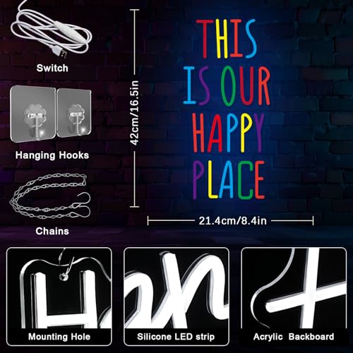 Image of This is Our Happy Place Neon Sign for Wall Decor Colorful Letter Neon Light Art LED Neon Signs with USB for Classroom,Gym,Bedroom,Children's Playground,Bar