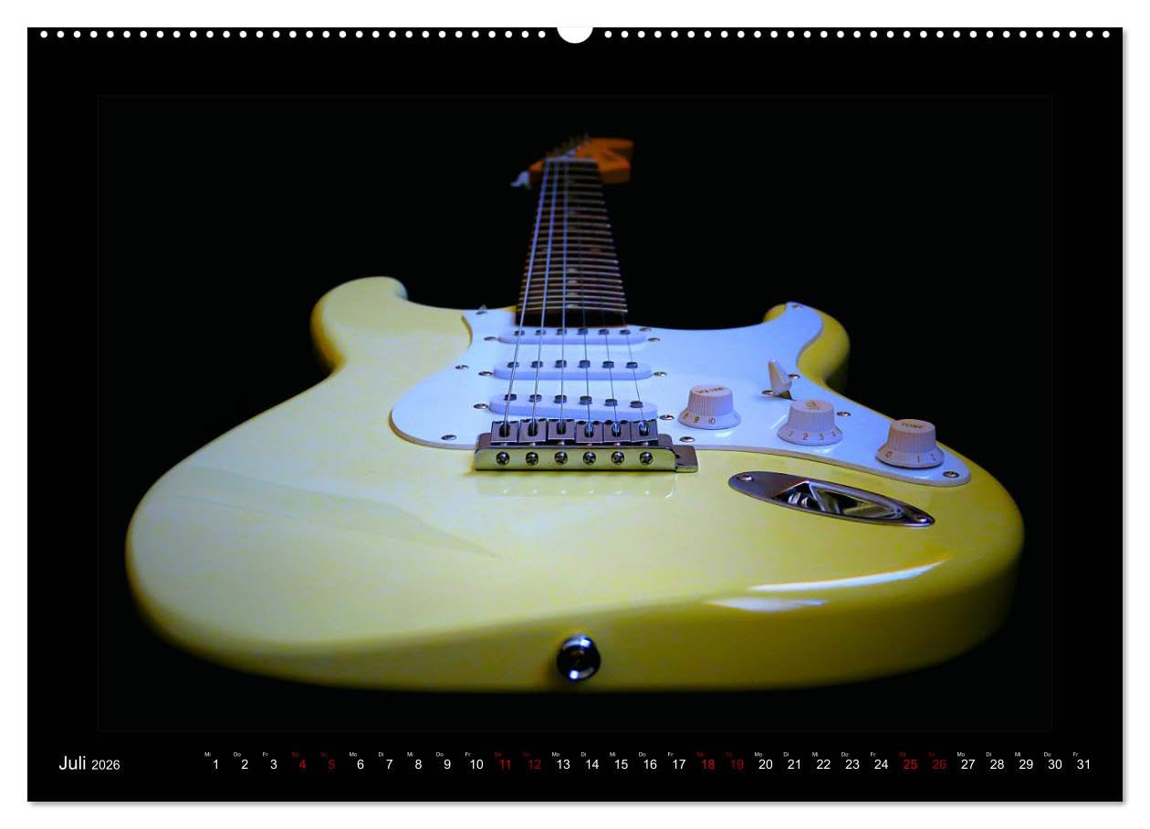 Rockgitarren im Blitzlicht (hochwertiger Premium Wandkalender 2026 DIN A2 quer), Kunstdruck in Hochglanz: Gitarrenschönheiten auf schwarzem Hintergrund eindrucksvoll in Szene gesetzt (CALVENDO Kunst)