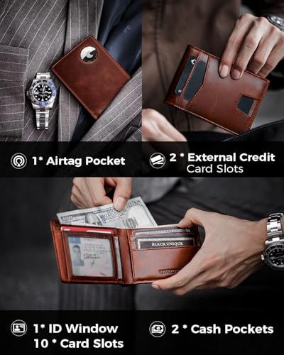 AirTag Wallet- Bifold Full Grain Leather AirTag Wallet for Men, Minimalist Front Pocket Wallet with Airtag Holder, RFID Blocking, 12 Card Capacity Gift for Men(Vintage Brown)3