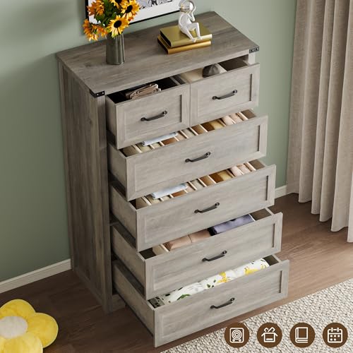 Image of BORNOON Tall 6-Drawer Dresser for Bedroom, Modern Wooden Chest of Drawers with Metal Handles, Anti-Tipping Design, Sturdy and Stable Storage Organizer for Living Room, Entryway, Home Office