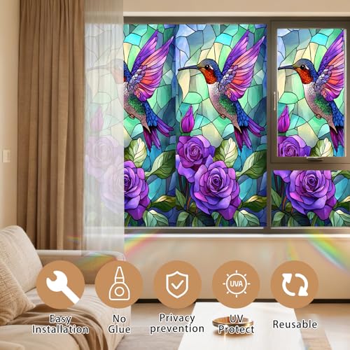 Image of Nuxovilar Hummingbird Rose Glass Pattern Window Film 17.7x39.4 in PVC