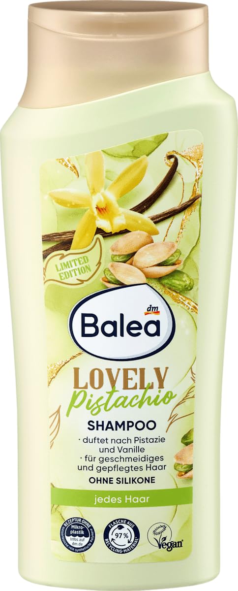 Balea 3er-Set Haarpflege: Shampoo Lovely Pistachio für geschmeidiges Haargefühl mit Pistazie Vanille Duft, 300 ml + Haarparfum Winter Breeze duftet blumig-frisch nach Schneeglöcken, 2 x 100 ml (500ml)