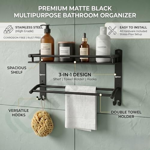 Image of GRIVAN Stainless Steel Bathroom Shelf Rack Stand with Dual Towel Rod | Multipurpose Bathroom Accessories Set (Black Matte)