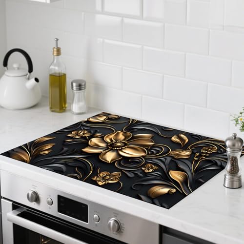 Image of Nuxovilar Black Gold Flower Stove Cover Diatom Mud 20.47x28.34 In | Glass Protector Countertop Mat Counter Saver Cooktop Cover Kitchen Cooking Area Home (Black Gold Floral)
