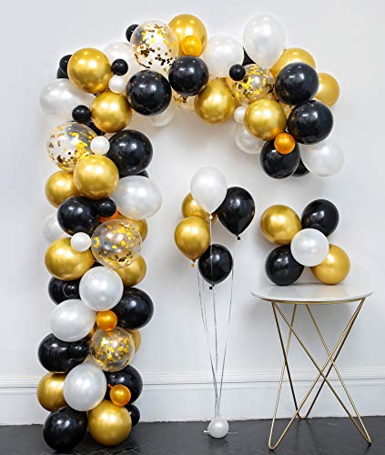 Black Gold Balloon Garland Arch Kit 110Pcs (Black.White.Gold Confetti.Metal Gold)Tying Tools+Decorating Strip+Glue Dots+Flower