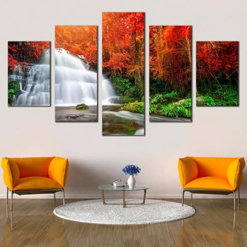 Toile peinture tableau décoration murale 5 parties cascade forêt orange