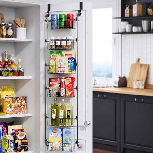 Image of Delamu Narrow Over the Door Pantry Organizer, 6-Tier Metal Pantry Door Organization and Storage for Easy Install, Hanging Spice Rack Seasoning Shelves for Cabinet & Kitchen, D5 x W13 x H50 inch, Black