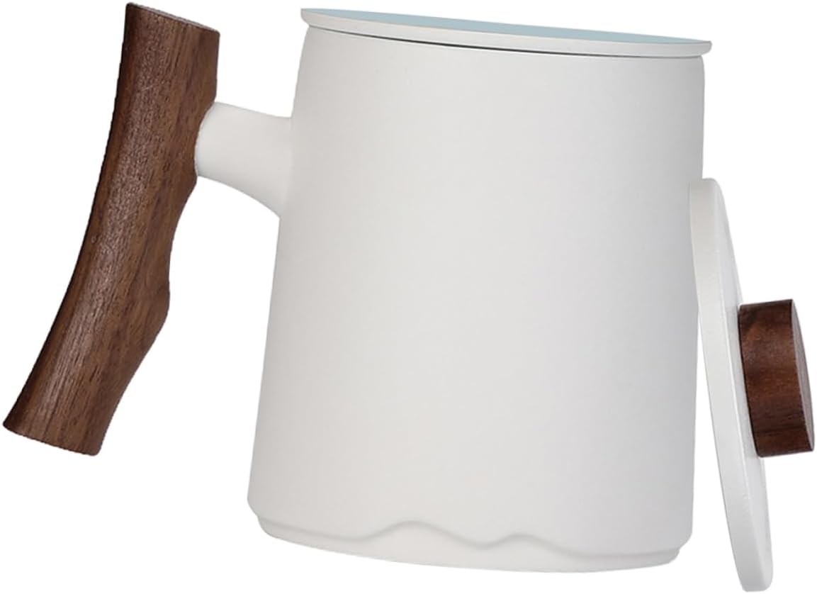 Ceramic Tea Mug with Filter White Tea Cup with Wooden Handle for Coffee and Milk for Home and Office Use