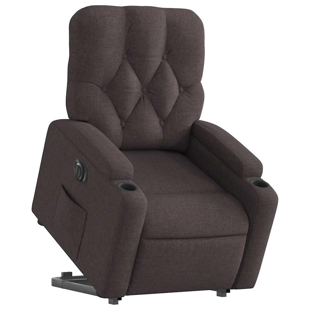 Sillón elevador eléctrico reclinable de tela marrón oscuro con motor para elevación y función reclinable automática a 135 grados, cómodo y estable