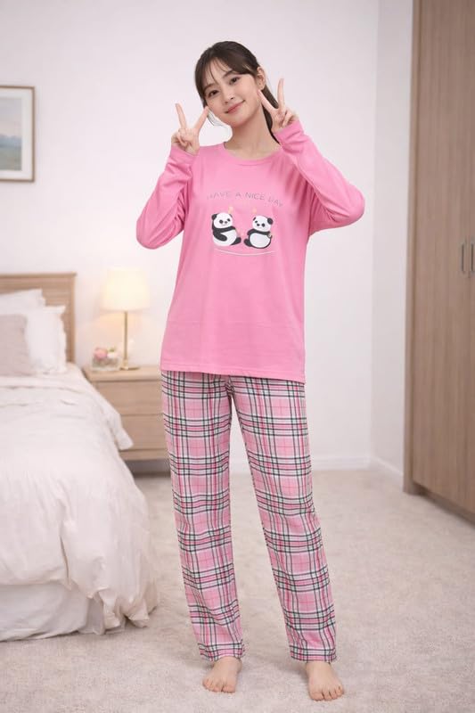 Image of LUXERUDRA Women's Pajama Set, Soft Breathable Korean Style Nightsuit with Top & Full Pants, Lightweight Loose Fit Nightwear & Loungewear for Girls & Women.