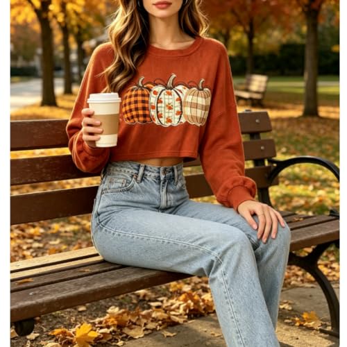 Womens Halloween Crop Long Sleeve Tshirt Fall Vintage Graphic Tee Loose Top - image 4
