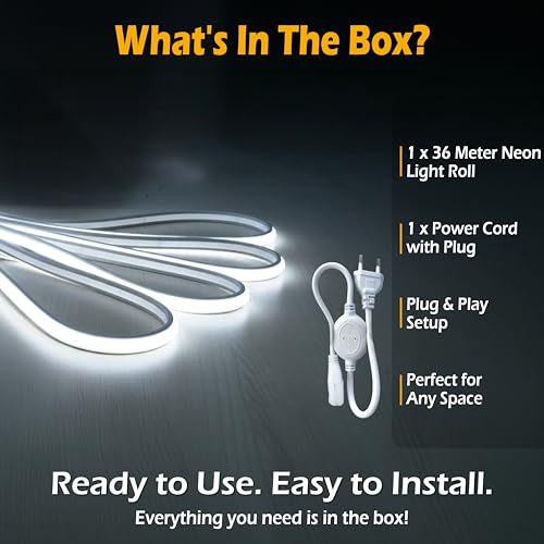 Image of Forus 36M LED Neon Strip Light White, 240 LEDs /M High Brightness COB Neon Rope Light, Waterproof IP65 Flexible Silicone Strip, Cuttable LED Light for Home, Bedroom, Wall Decor, Shop, Festival Lighting