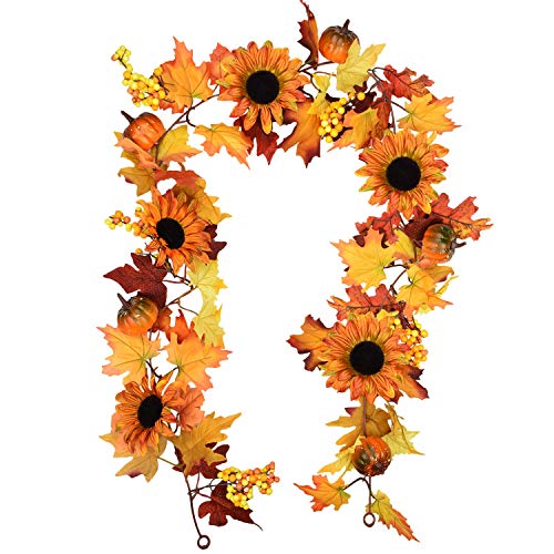 6 pies Artificial Maple Leaf Berries Sunflower Pumpkin Garland Hanging Vine Decoration Autumn Fall Wedding Party Thanksgiving Home Decor (Maple Leaf Pumpkin Garland)