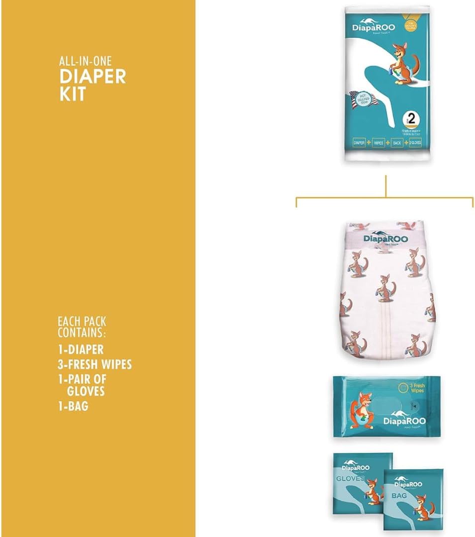 DiapaROO All-in-One Travel Diaper Changing Kit – 5-in-1 Kit Disposable Diaper, Wipes, Gloves & Disposal Bag – Pocket-Sized Emergency Kit for On-The-Go Parents – Compact Disposable Changing Size 3