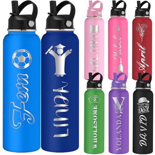 Botellas de Agua Personalizadas Niños con Nombre 350/500/700/950ml 1L con Asa y Pajita Botella Térmica Acero Inoxidable...