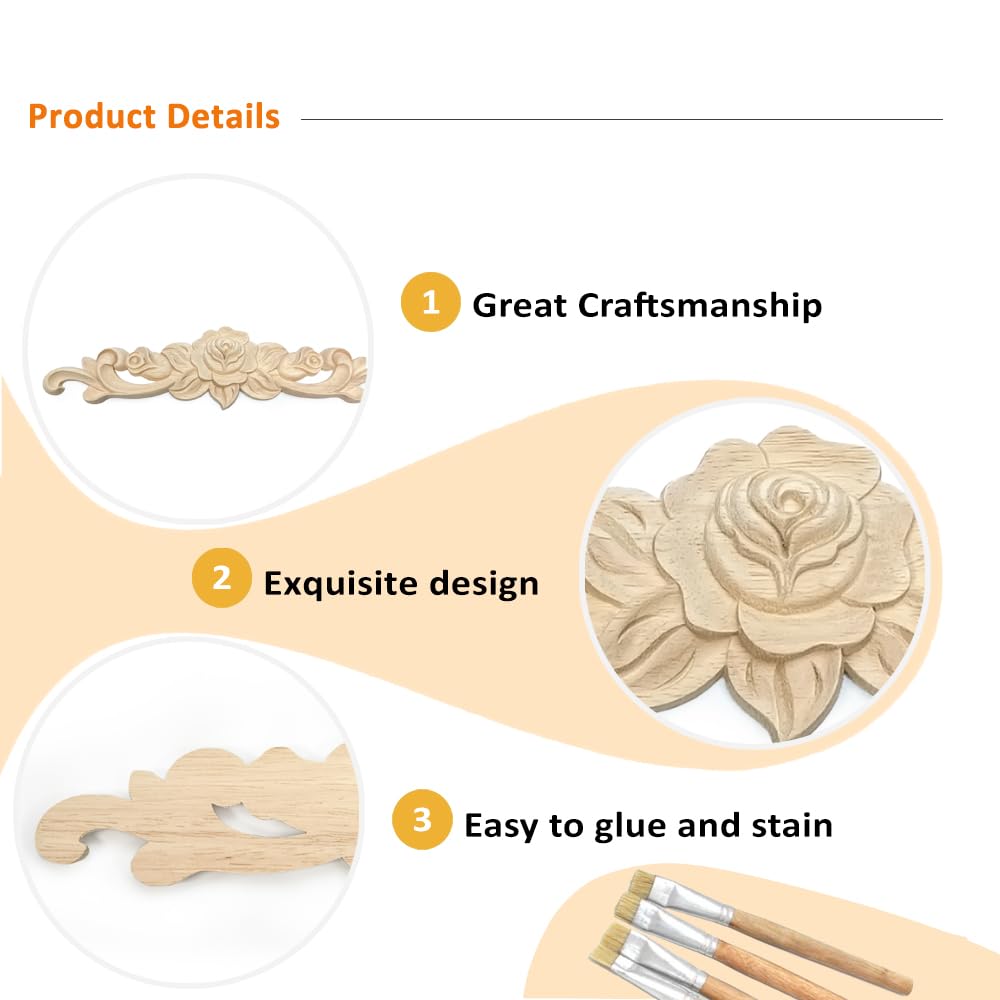 Vilanca 4Pcs Decorative Rose Wood Carved Appliques Onlays, 11.8 x 2.8 inch Unpainted Solid Wood Long Carving Decal for Furniture Cabinet Bed Wardrobe Closet DIY Decoration (12x3inch,4PCS)