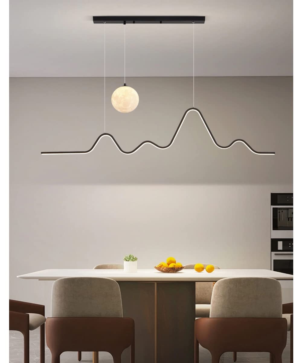 KXEcoLife Modern LED Pendant Lamp - 3D Moon Ball Chandelier, 150cm Black, Adjustable 3000-6500K, Remote Control, Dining Room & Living Lighting Fixture